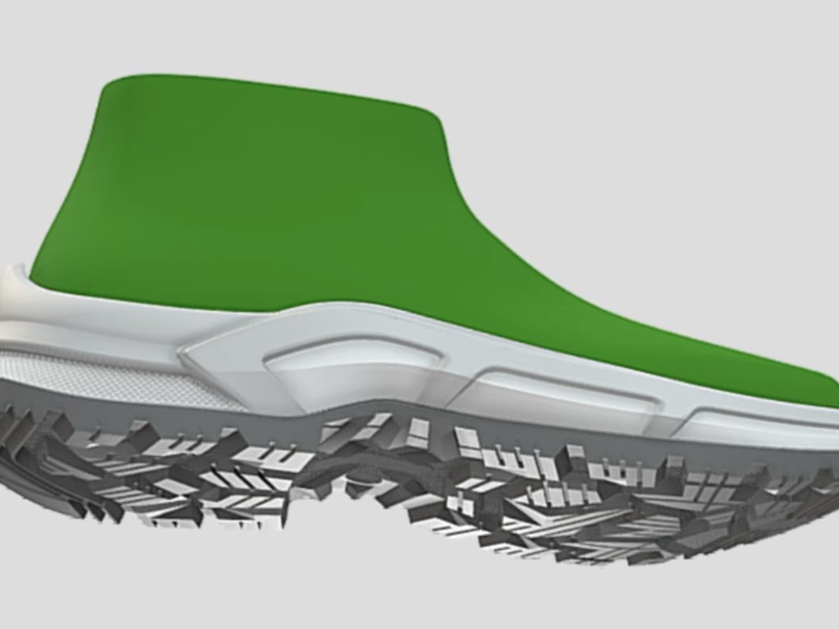 3D render of a sole unit — lugged outsole tread under a white midsole, with a plain green upper placeholder