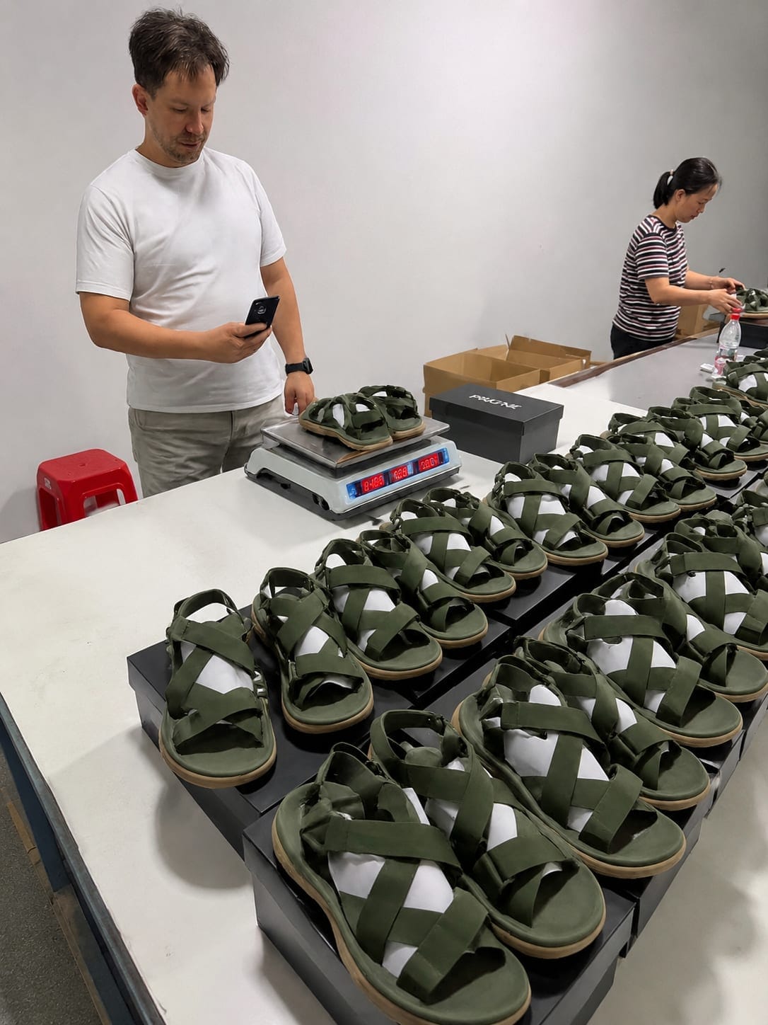 Final quality control inspection of finished shoes