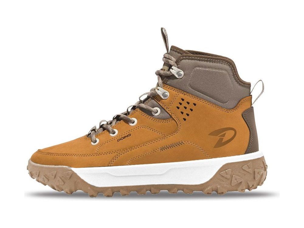 OEM/ODM wheat-tan nubuck hiker boot with taupe textile collar panel, cream lace hardware, perforated vent dots and a gum lug outsole on a white midsole, manufactured by DOING Footwear