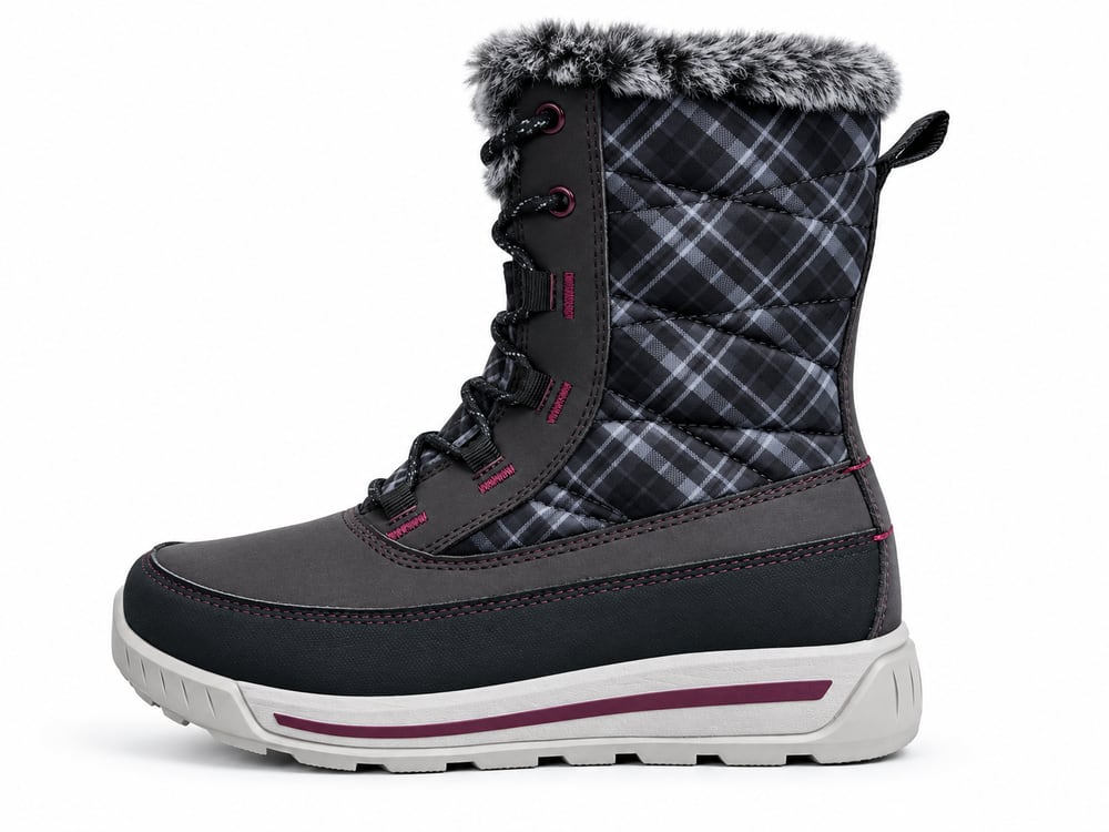 OEM/ODM women's mid-calf snow boot with faux-fur collar, plaid quilted shaft and rubber toe wrap, manufactured by DOING Footwear (sample 14)