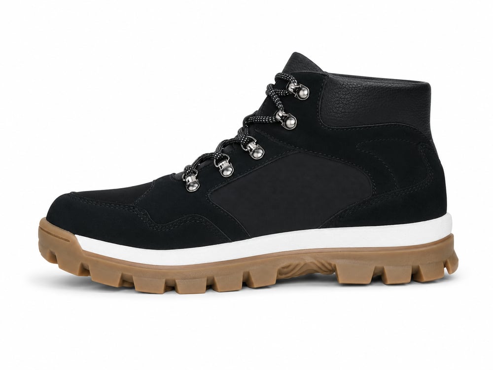 OEM/ODM black nubuck hiker-style ankle boot with D-ring eyelets and gum lug outsole, manufactured by DOING Footwear (sample 15)