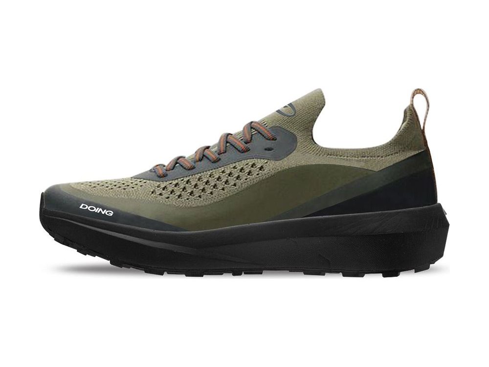 OEM/ODM olive knit low-cut trail shoe with perforated forefoot, dark grey side wrap, orange-flecked laces, heel pull loop and a thick black midsole, manufactured by DOING Footwear