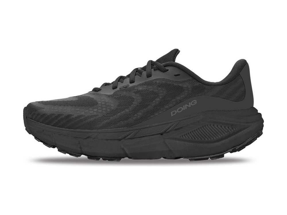 OEM/ODM all-black engineered-mesh trail shoe with tonal swirl overlays, a moulded heel counter and a wide black midsole over a sparse lug outsole, manufactured by DOING Footwear