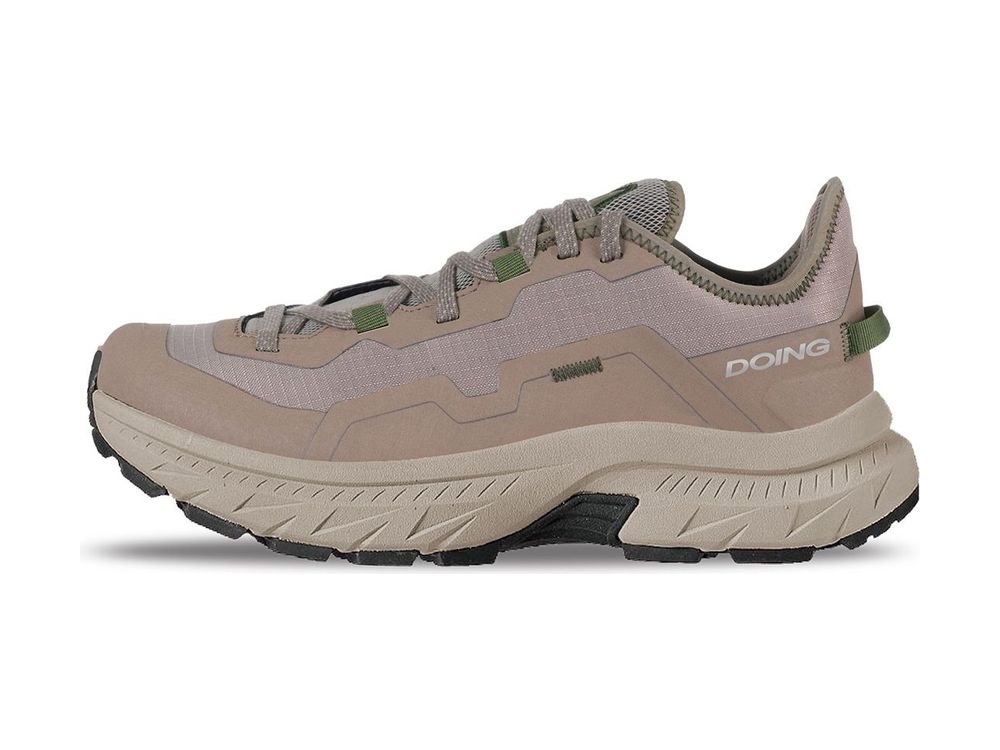 OEM/ODM taupe ripstop trail shoe with olive webbing pulls, layered panel overlays, contrast zig-zag stitching at the collar and a cream chevron-tread midsole, manufactured by DOING Footwear