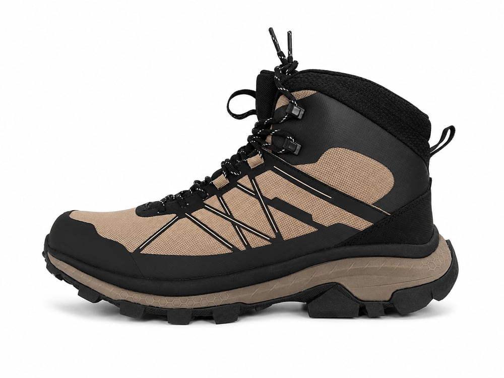 Sand and black mid-cut hiking boot with TPU cage overlays, lace-lock hooks and a hexagonal multi-directional lug outsole, developed to customer drawings by DOING Footwear