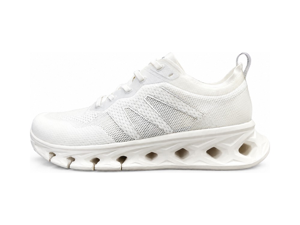 OEM/ODM all-white knit running shoe with mesh side panels, heel pull loop and a white midsole cut through with diamond-shaped openings, manufactured by DOING Footwear
