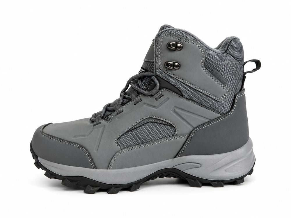 Grey nubuck and mesh mid-cut work boot with metal speed hooks, padded collar and a deep-lug rubber outsole, built to buyer spec by DOING Footwear