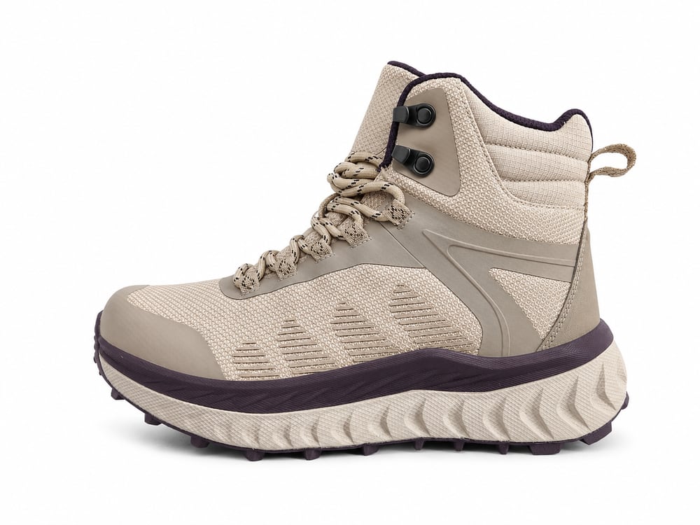 Sand-beige mid-cut work boot with a textured knit upper, taupe synthetic toe overlay, plum-trimmed midsole and an aggressive lug outsole, developed to customer drawings by DOING Footwear