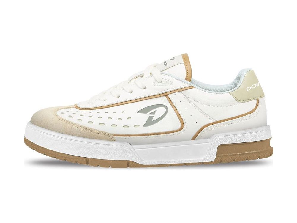 OEM/ODM white leather low-top court sneaker with tan piping, perforated forefoot panel, sand heel patch and a white midsole over a gum outsole, manufactured by DOING Footwear