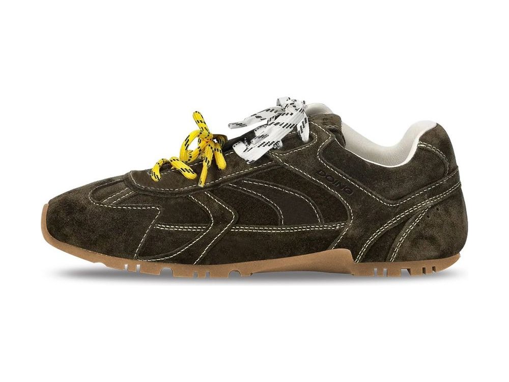 OEM/ODM dark olive suede runner with cream contrast stitching, mismatched yellow and white patterned laces, a padded off-white collar and a gum lug outsole, manufactured by DOING Footwear