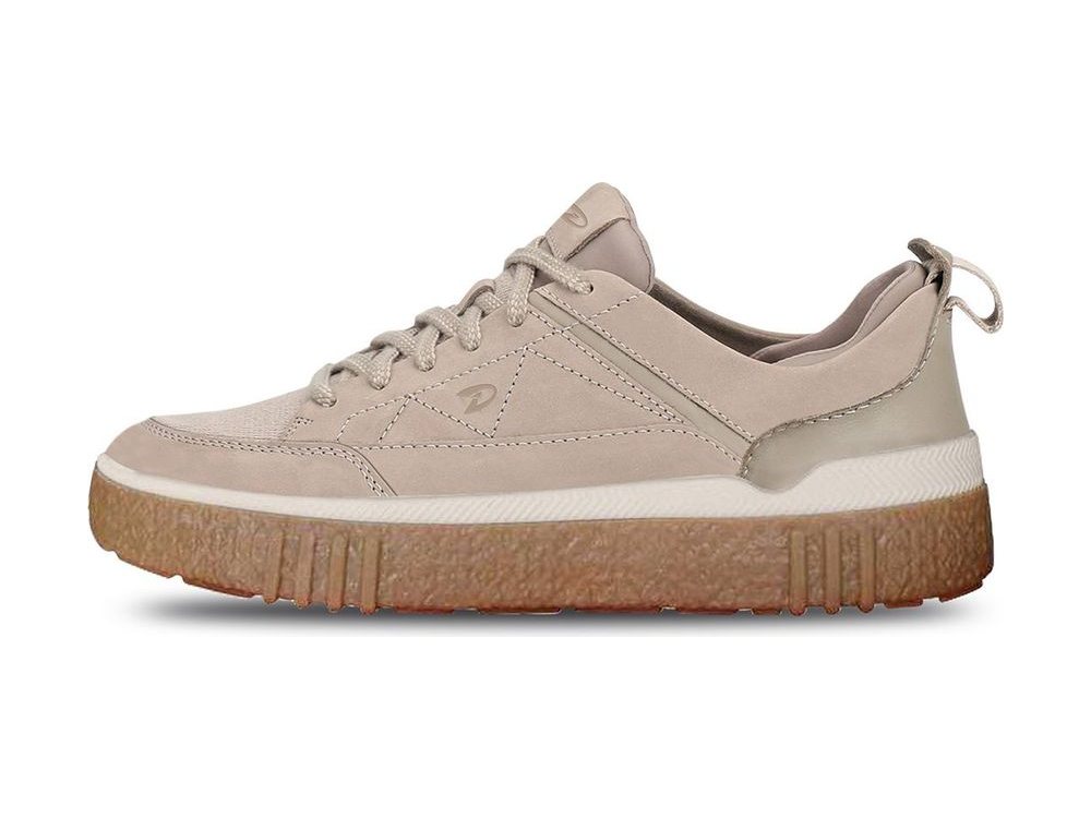 OEM/ODM greige nubuck court sneaker with a mesh toe panel, pearl-finish heel counter, webbing heel tab, white foxing and a chunky gum crepe platform outsole, manufactured by DOING Footwear