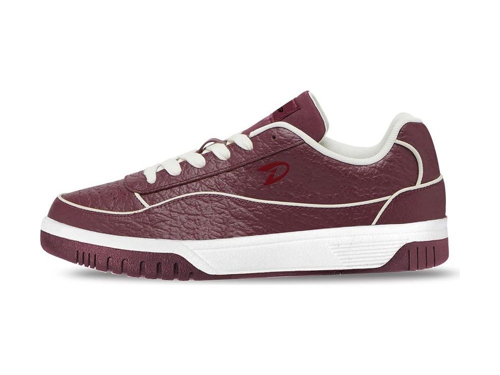 OEM/ODM burgundy tumbled-leather low-top court sneaker with cream piping and laces, padded collar and a white midsole over a burgundy outsole, manufactured by DOING Footwear