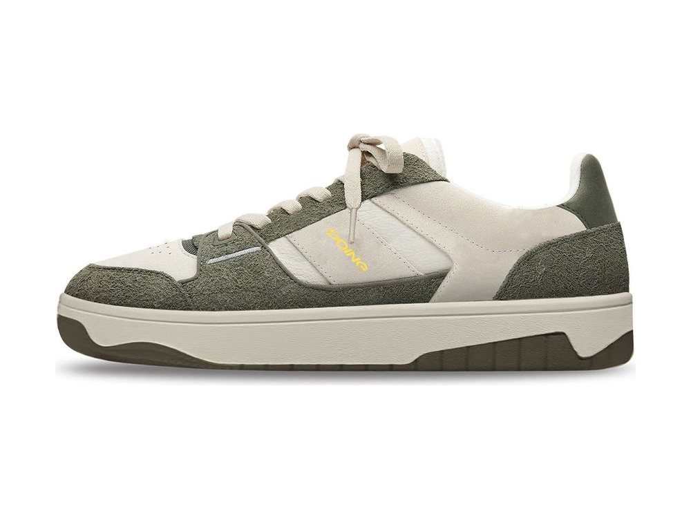 OEM/ODM off-white leather low-top sneaker with olive hairy-suede overlays, tonal rope laces and an off-white midsole over an olive outsole, manufactured by DOING Footwear