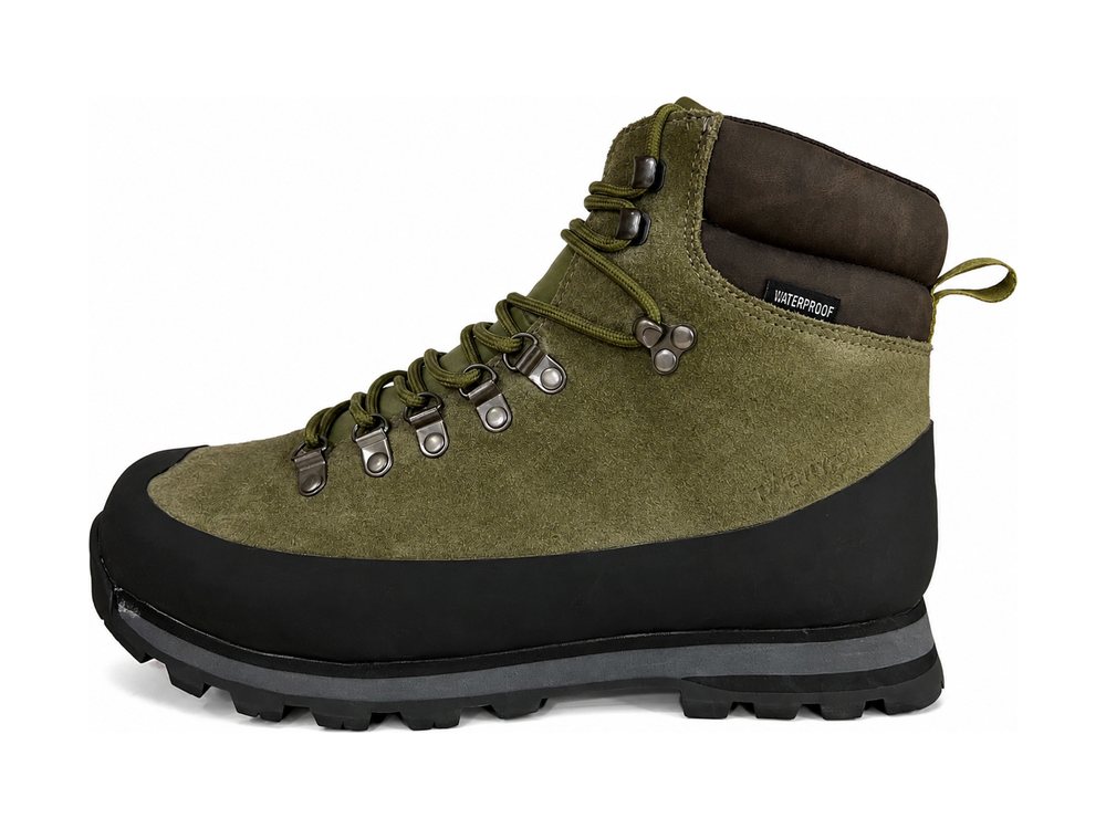 Olive suede mid-cut boot with a black rubber rand wrapping the toe and sidewall, brown padded collar, D-ring and hook lacing, developed to customer drawings by DOING Footwear